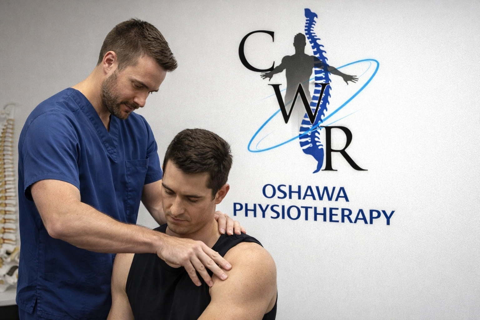 A professional physiotherapist at Oshawa Physiotherapy clinic performing manual therapy on a patient's shoulder.