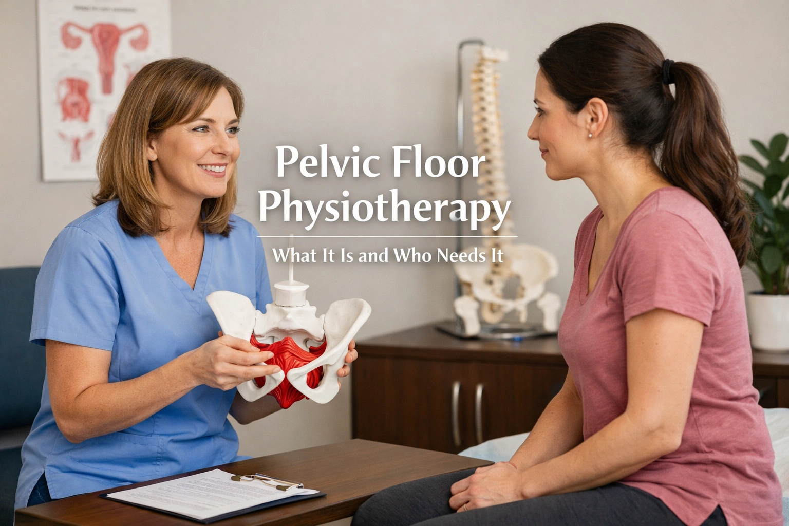 Pelvic health physiotherapist at Oshawa Physiotherapy Clinic explaining pelvic floor treatment to a female patient