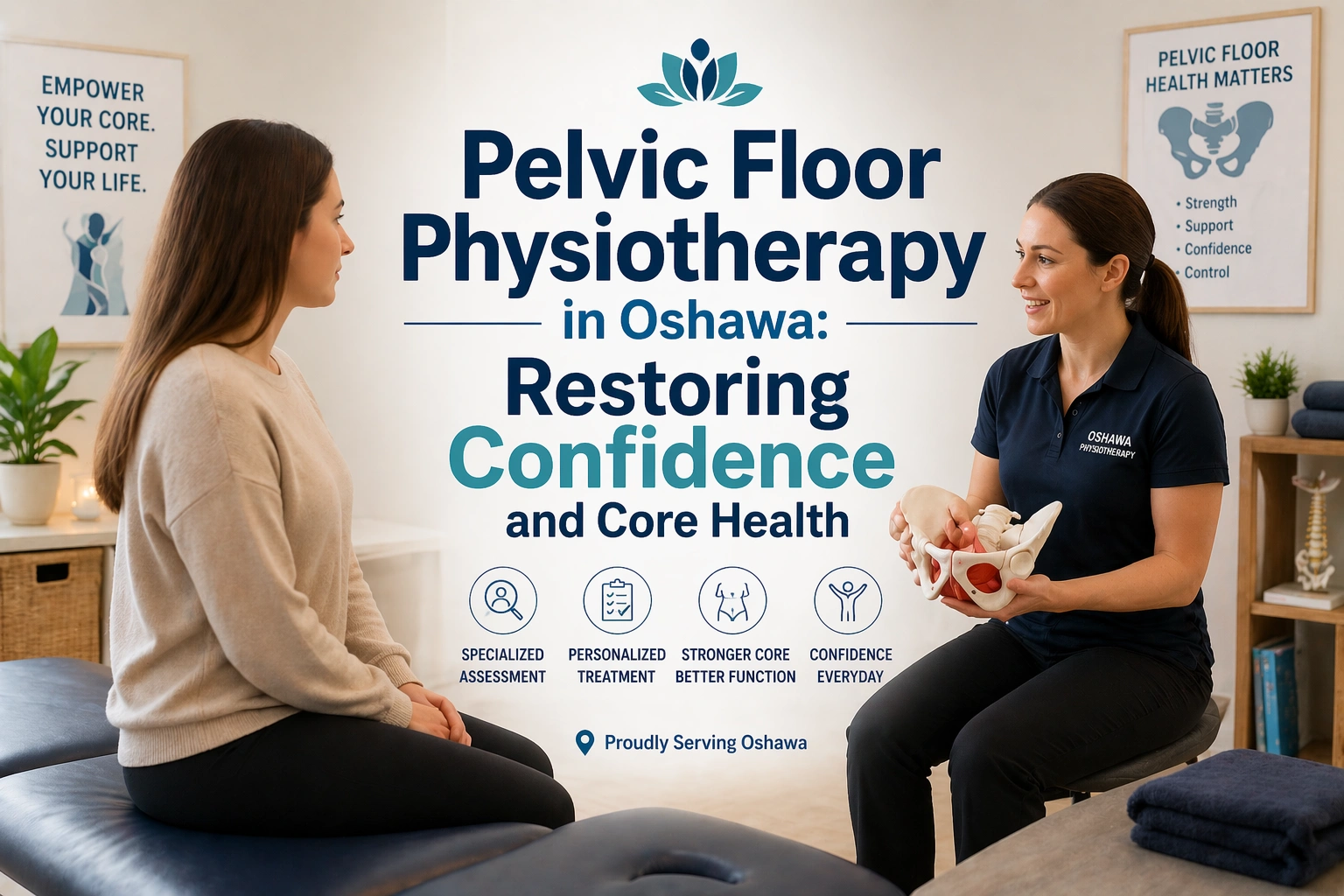 A private consultation room at Oshawa Physiotherapy used for specialized pelvic floor health assessments.