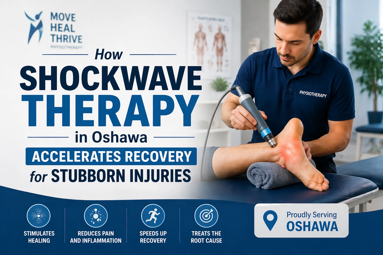 A physiotherapist applying shockwave therapy to a patient's heel to treat plantar fasciitis at the Oshawa clinic.