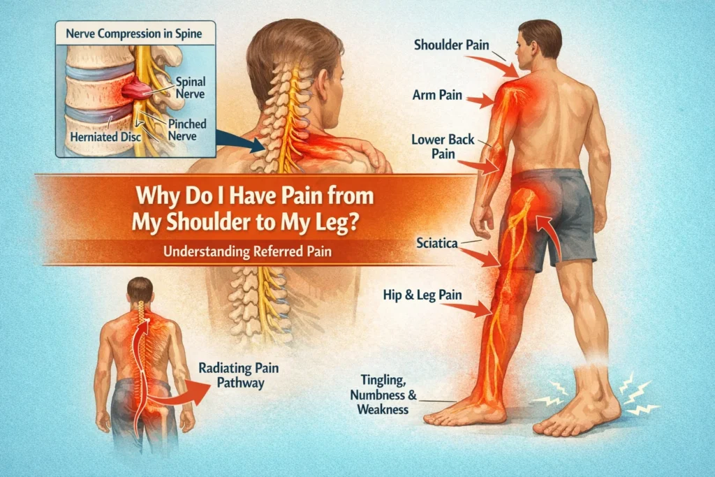 Diagram showing how nerve compression in the spine can cause radiating pain from the shoulder to the leg.