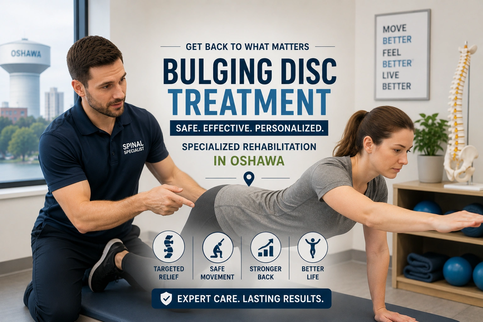 A spinal specialist showing a safe rehabilitation movement to a patient seeking bulging disc treatment Oshawa.