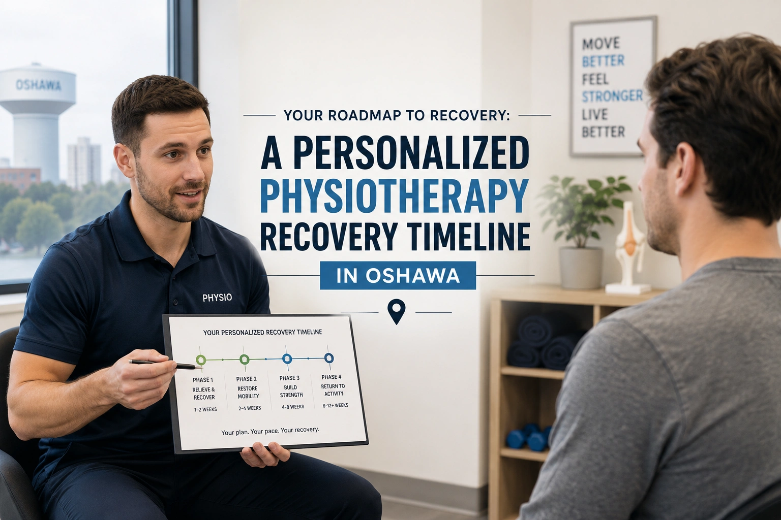 A professional physical therapist explaining a personalized physiotherapy recovery timeline to a patient during a consultation in Oshawa.