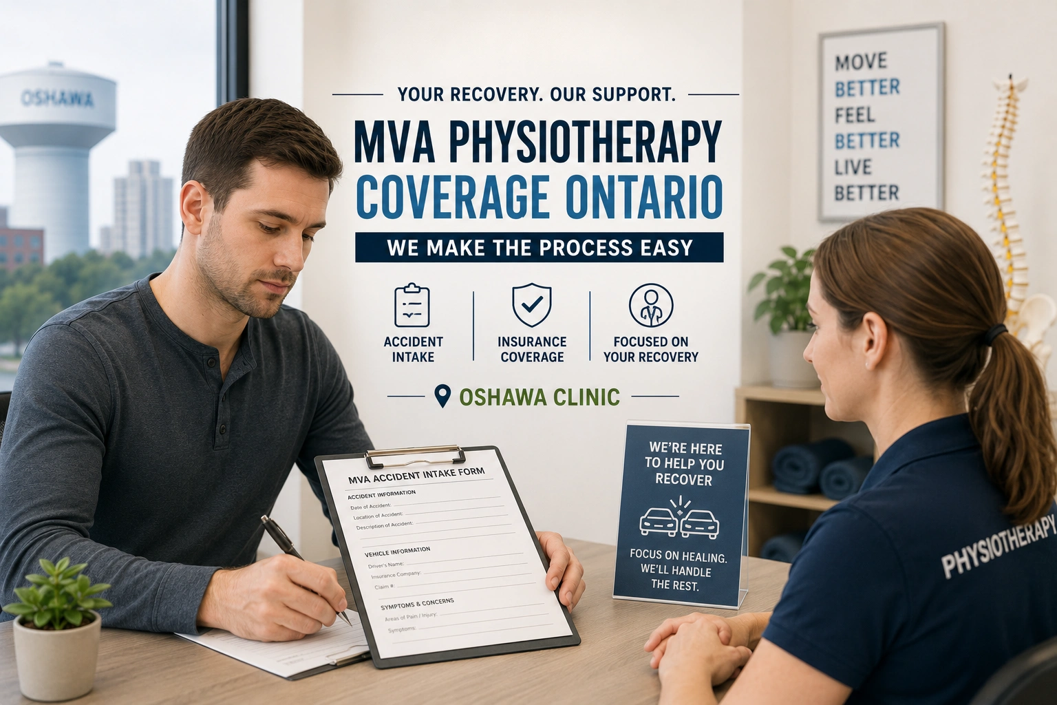 A patient completing an accident intake form for MVA physiotherapy coverage Ontario at an Oshawa clinic.