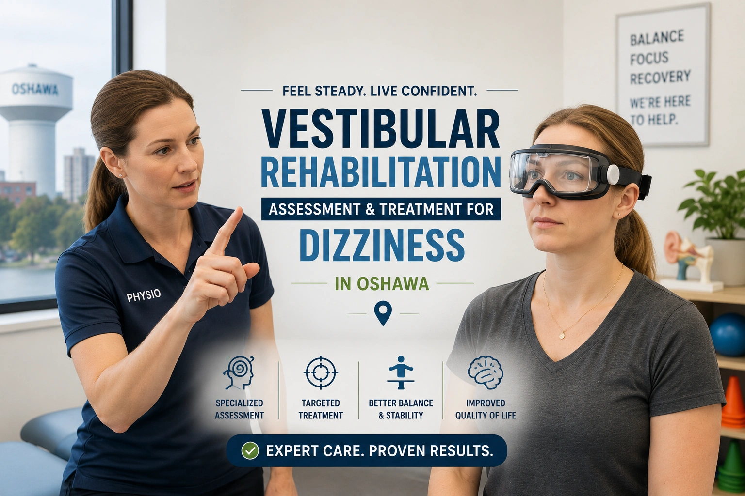 A specialized physical therapist guiding a patient through a vestibular rehabilitation assessment for dizziness in Oshawa.
