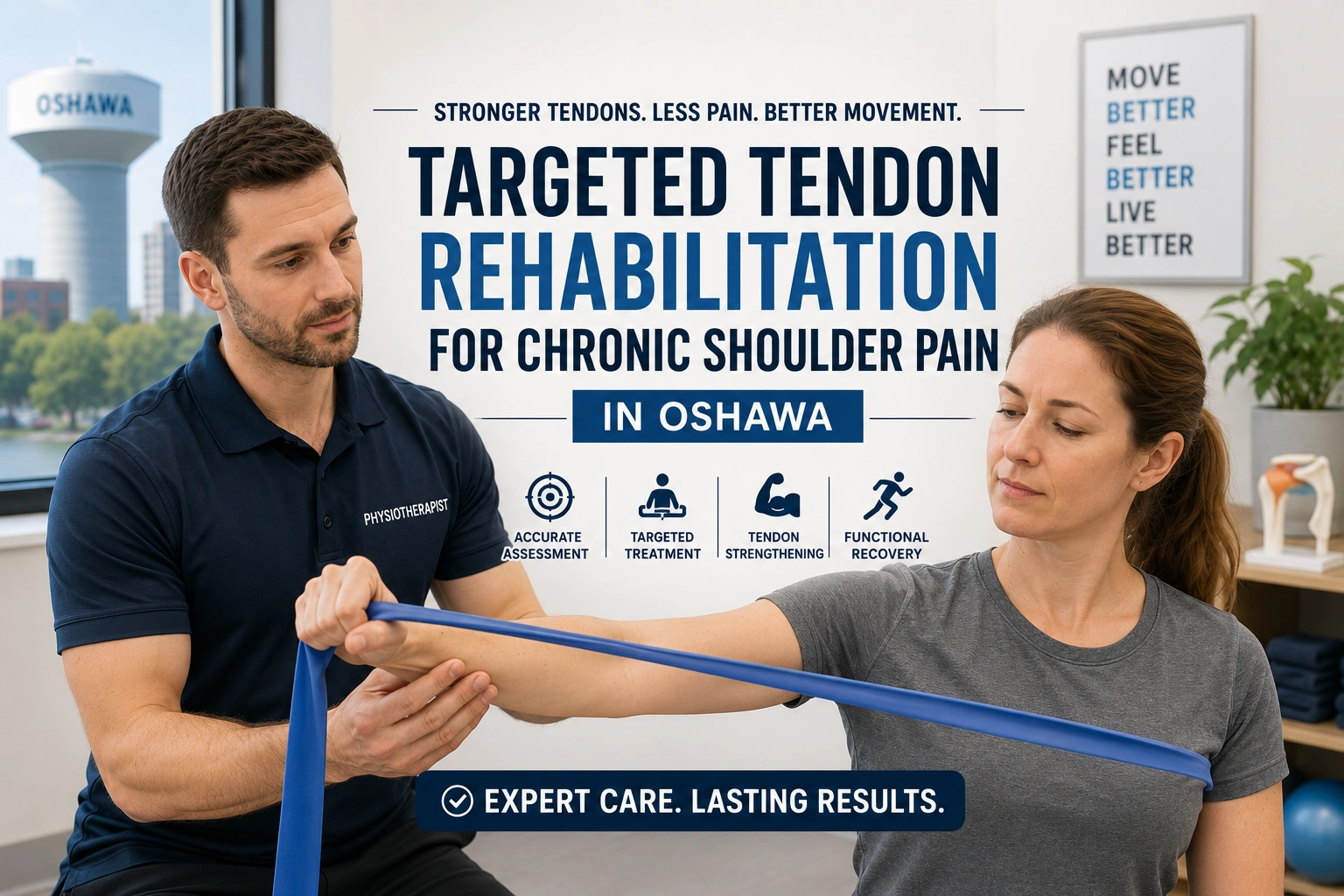 A physical therapist providing targeted tendon rehabilitation for a patient dealing with chronic shoulder pain in Oshawa.